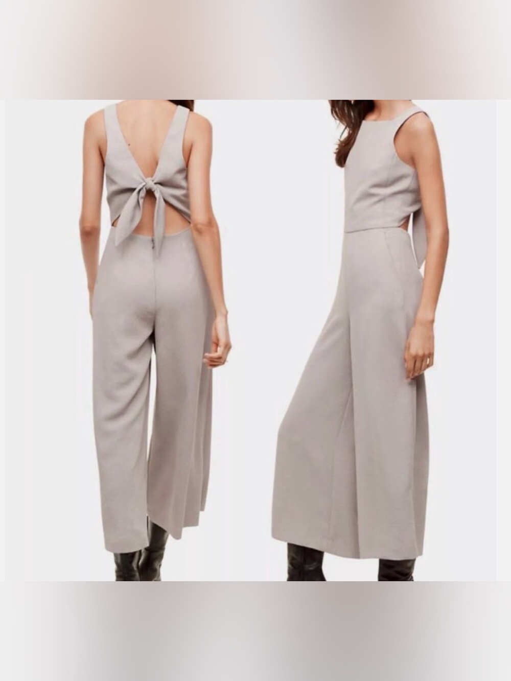 Aritzia Taupe Wide-Leg Jumpsuit with Back Tie